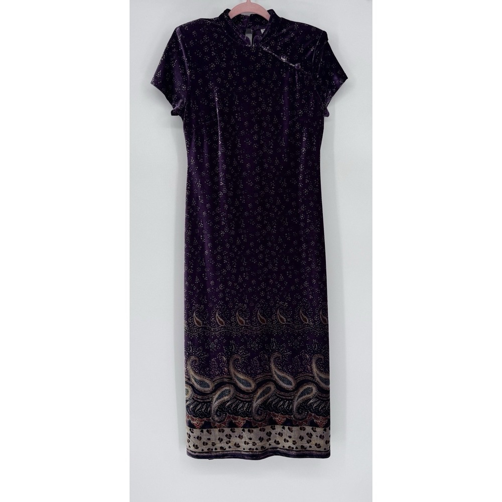 90s CDC Petites Purple Velvet Cheongsam Maxi Dress Whimsigoth Paisley Border 8